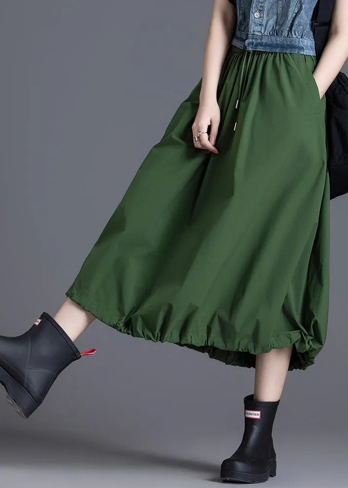 Diy Army Green Elastic Waist Drawstring Cotton Skirt Spring