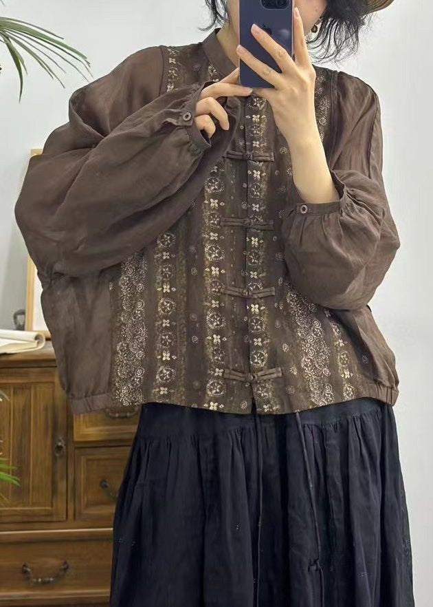 Red Button Print Patchwork Linen Shirts Long Sleeve