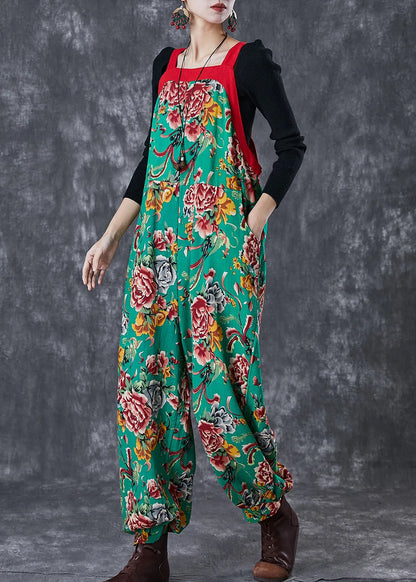 Green Oversized Print Cotton Overalls Jumpsuit Fall