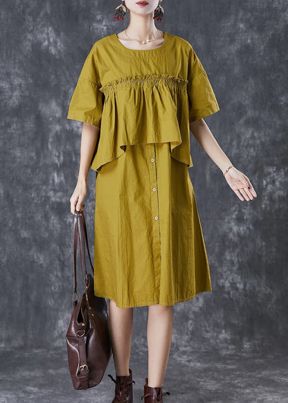 Green Ruffled Patchwork Cotton Fake Two Piece Dress Fall