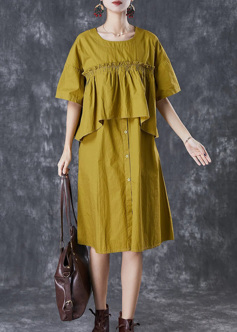 Green Ruffled Patchwork Cotton Fake Two Piece Dress Fall