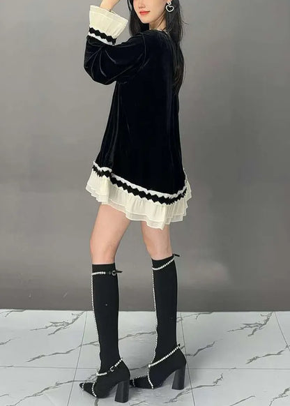 New Black O-neck Patchwork Silk Velour Tops Flare Sleeve