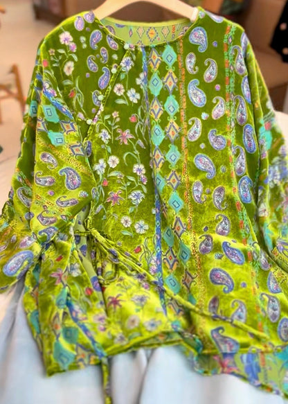 Green Print Tie Waist Silk Velour Tops Three Quarter Sleeve