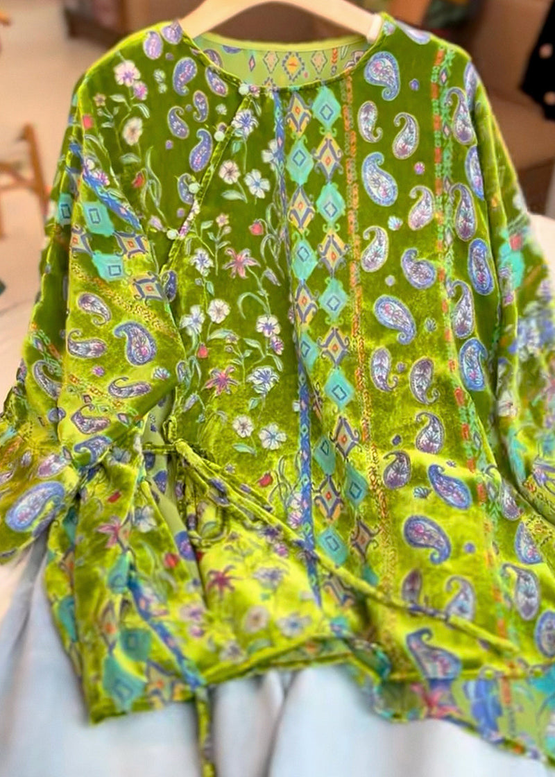 Green Print Tie Waist Silk Velour Tops Three Quarter Sleeve