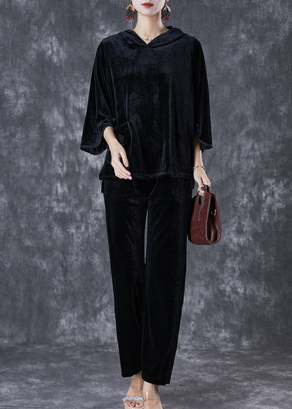 Black Tasseled Chinese Button Silk Velour Two Pieces Set Fall