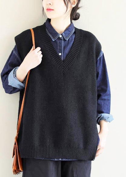 Oversized Black Knitted Clothes V Neck Sleeveless Oversized Sweaters