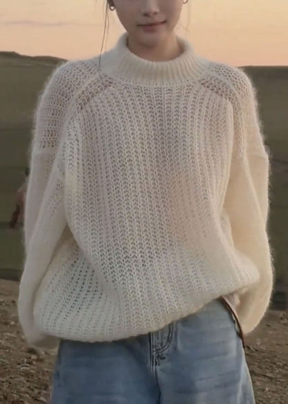Handmade White Patchwork Cotton Knit Sweaters Fall