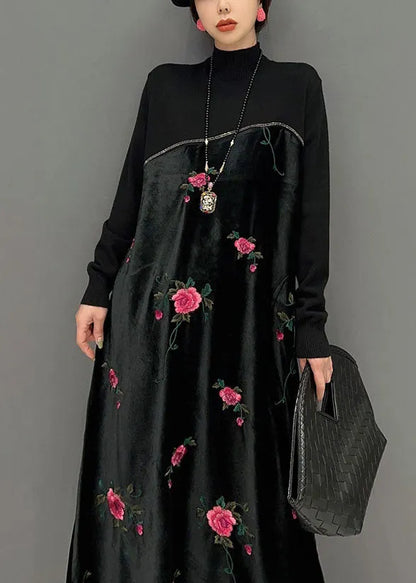Black High Neck Embroideried Knit Patchwork Silk Velour Dress Spring