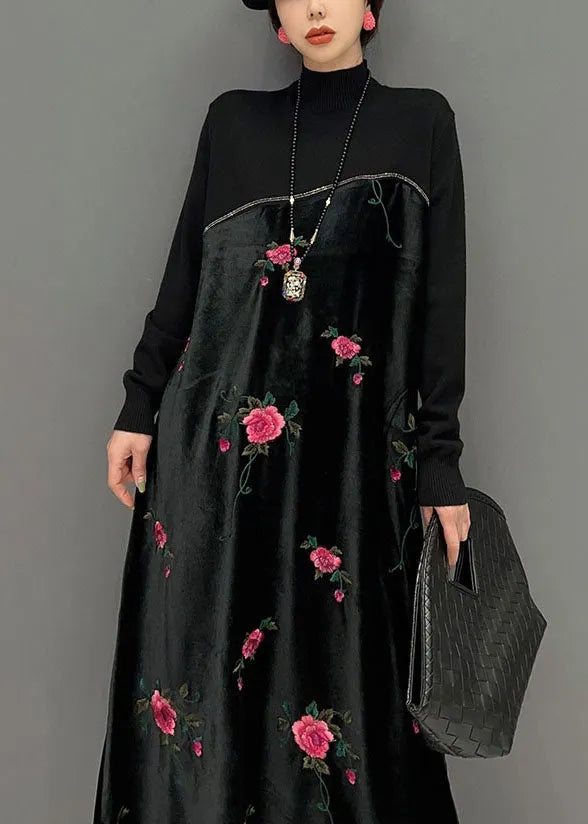 Black High Neck Embroideried Knit Patchwork Silk Velour Dress Spring