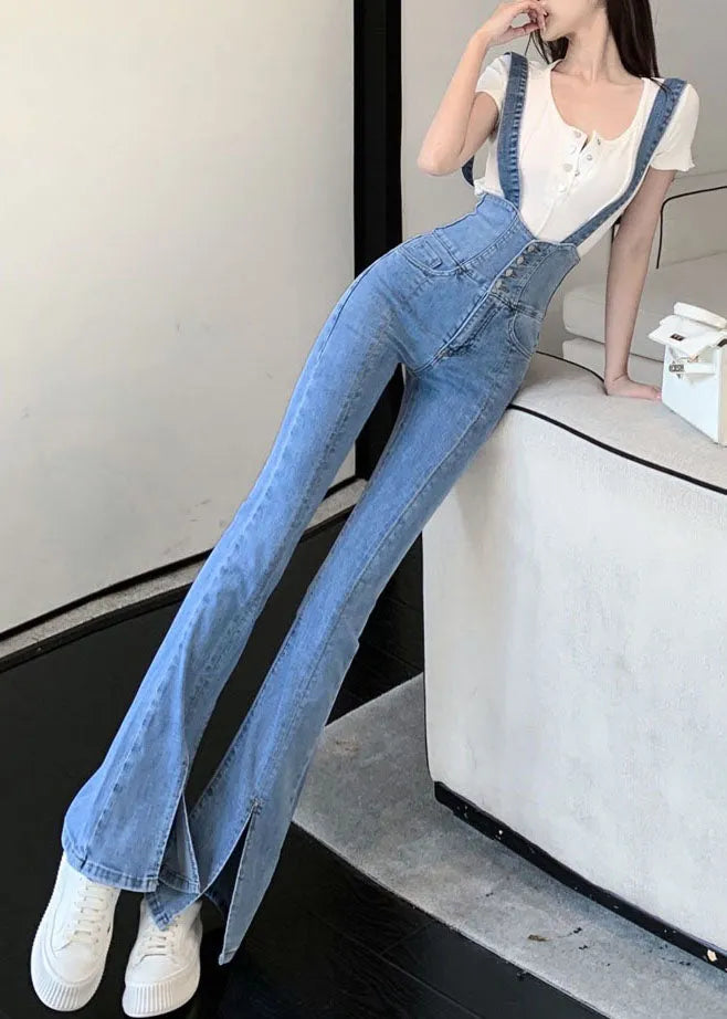 Blue High Waisted Shoulder Strap Denim Flared Pants Summer