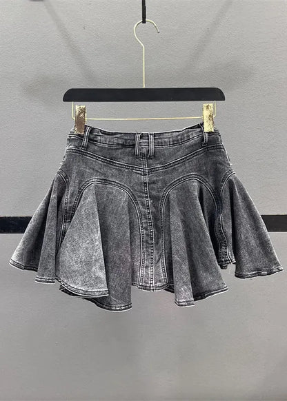 French Blue Ruffled Patchwork Denim Zippered Skirt Summer