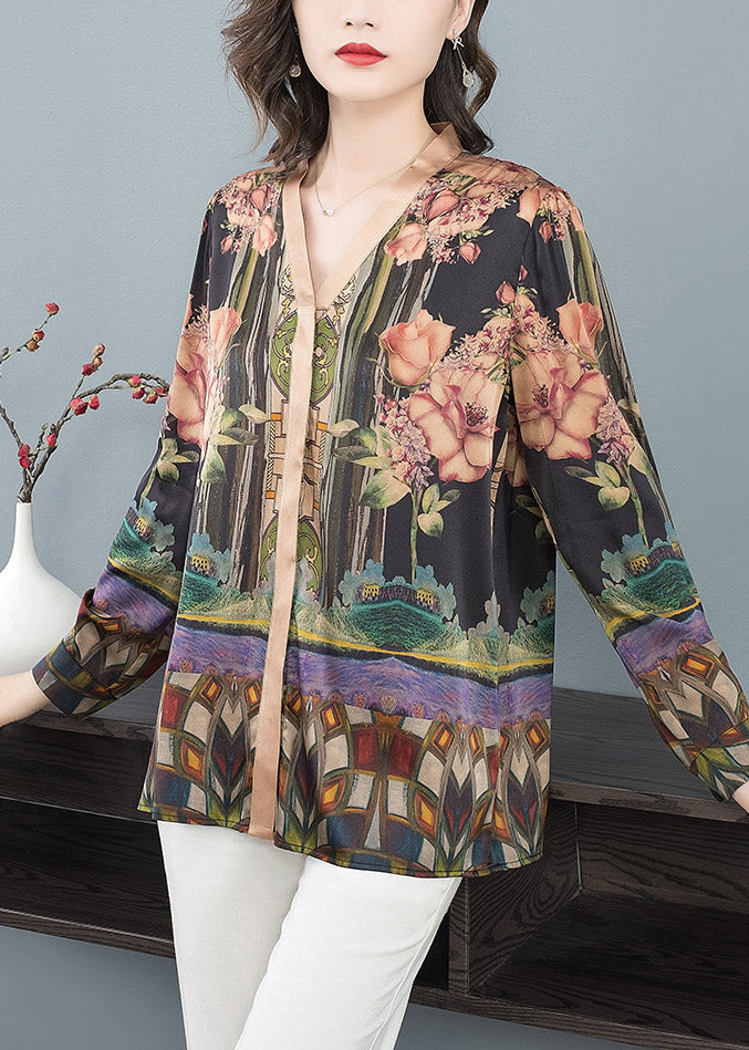 V Neck Print Silk Top Long Sleeve