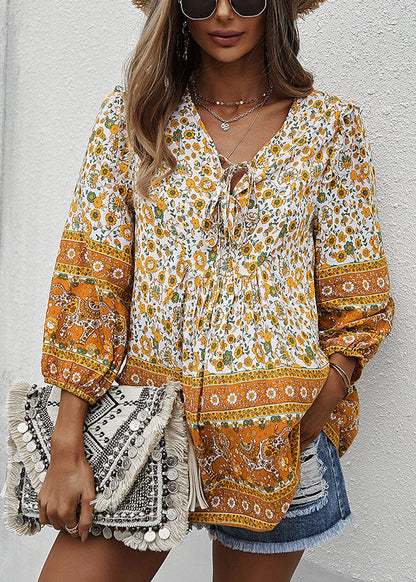 Yellow V Neck Lace Up Print Patchwork Cotton Top Long Sleeve