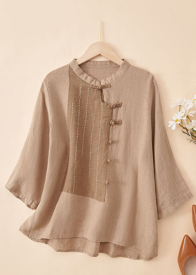 Yellow Stand Collar Patchwork Button Linen Top Bracelet Sleeve
