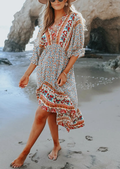 Blue Print V Neck Chiffon Dress Half Sleeve