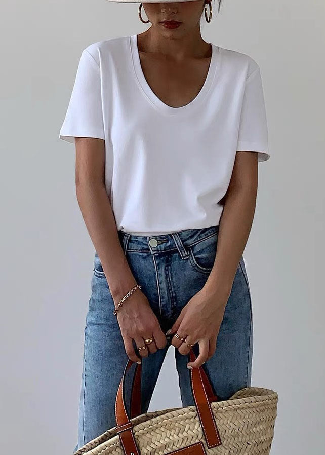 White U Neck Simple Cotton T Shirt Summer