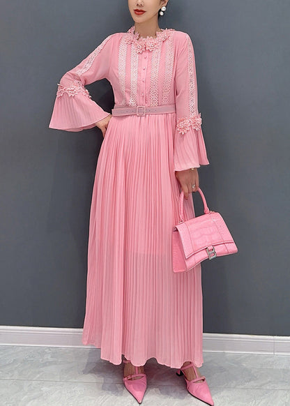 Pink Wrinkled Lace Patchwork Maxi Dress Flare Sleeve