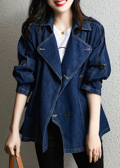 Dark Blue Square Collar Patchwork Button Denim Coats Fall