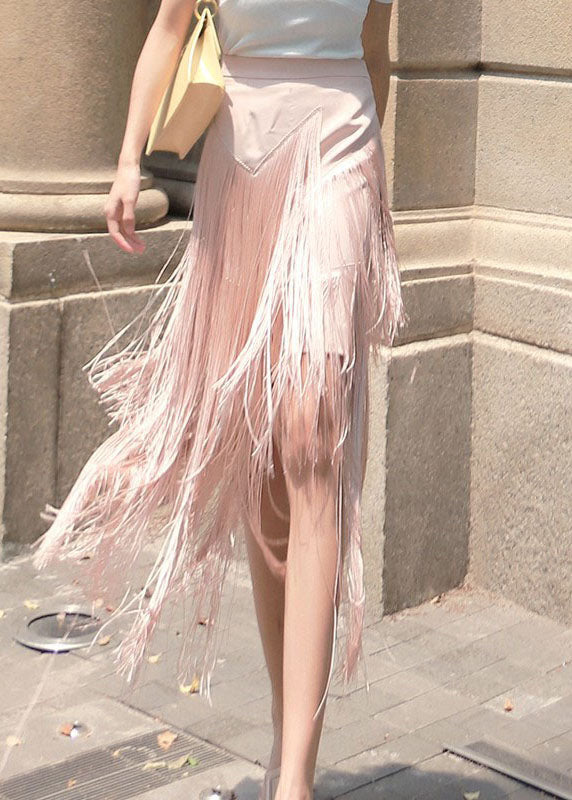 Pink Zip Up Tassel Patchwork Skirt Spring
