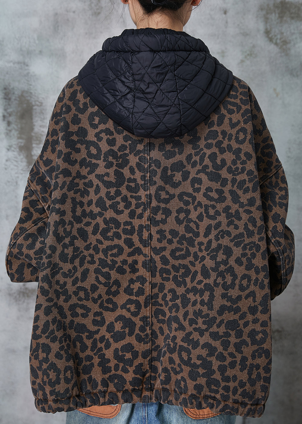 Coffee Hooded Leopard Print Warm Fleece Coat Spring
