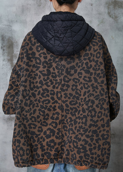 Coffee Hooded Leopard Print Warm Fleece Coat Spring