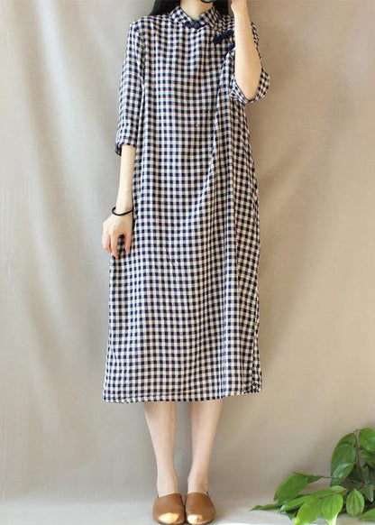 Loose Stand Collar Chinese Button Outfit Work Plaid Linen Maxi Dresses Summer