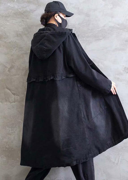 Overcoat Denim Black Hooded Ruffles Outwear