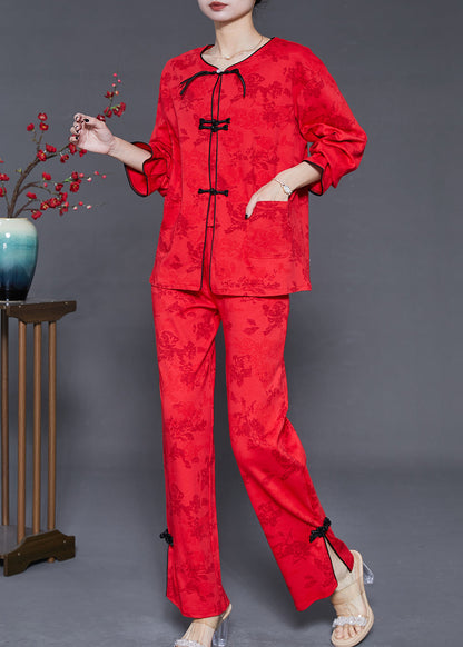 Mulberry Chinese Button Jacquard Cotton Two-piece Set Fall
