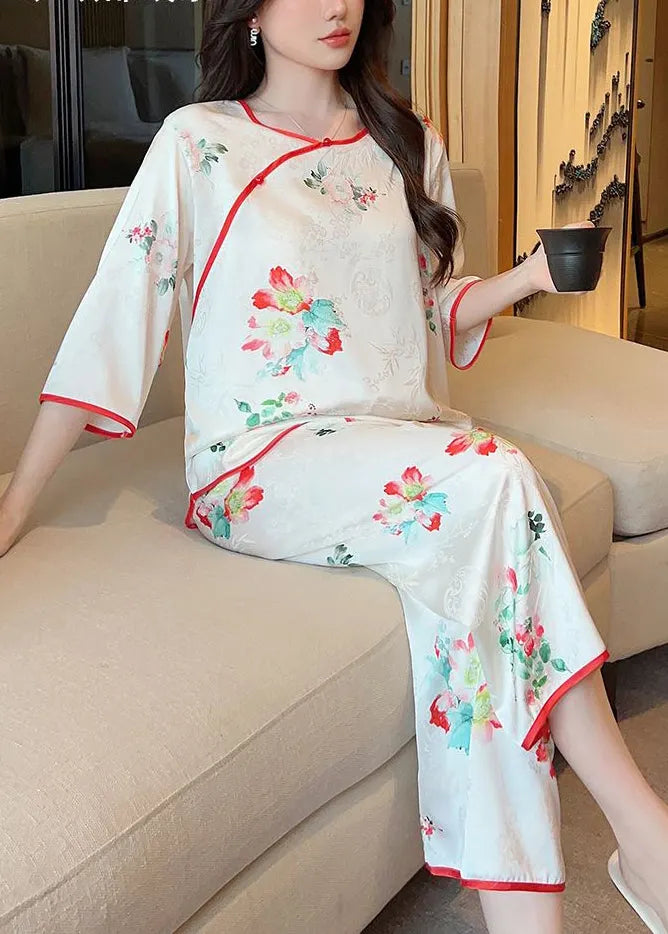 White Print Tops and Crop Pants Ice Silk Pajamas Two-piece Set Summer