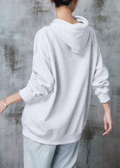 Grey Hooded Cat Print Warm Fleece Sweatshirt Tops Spring