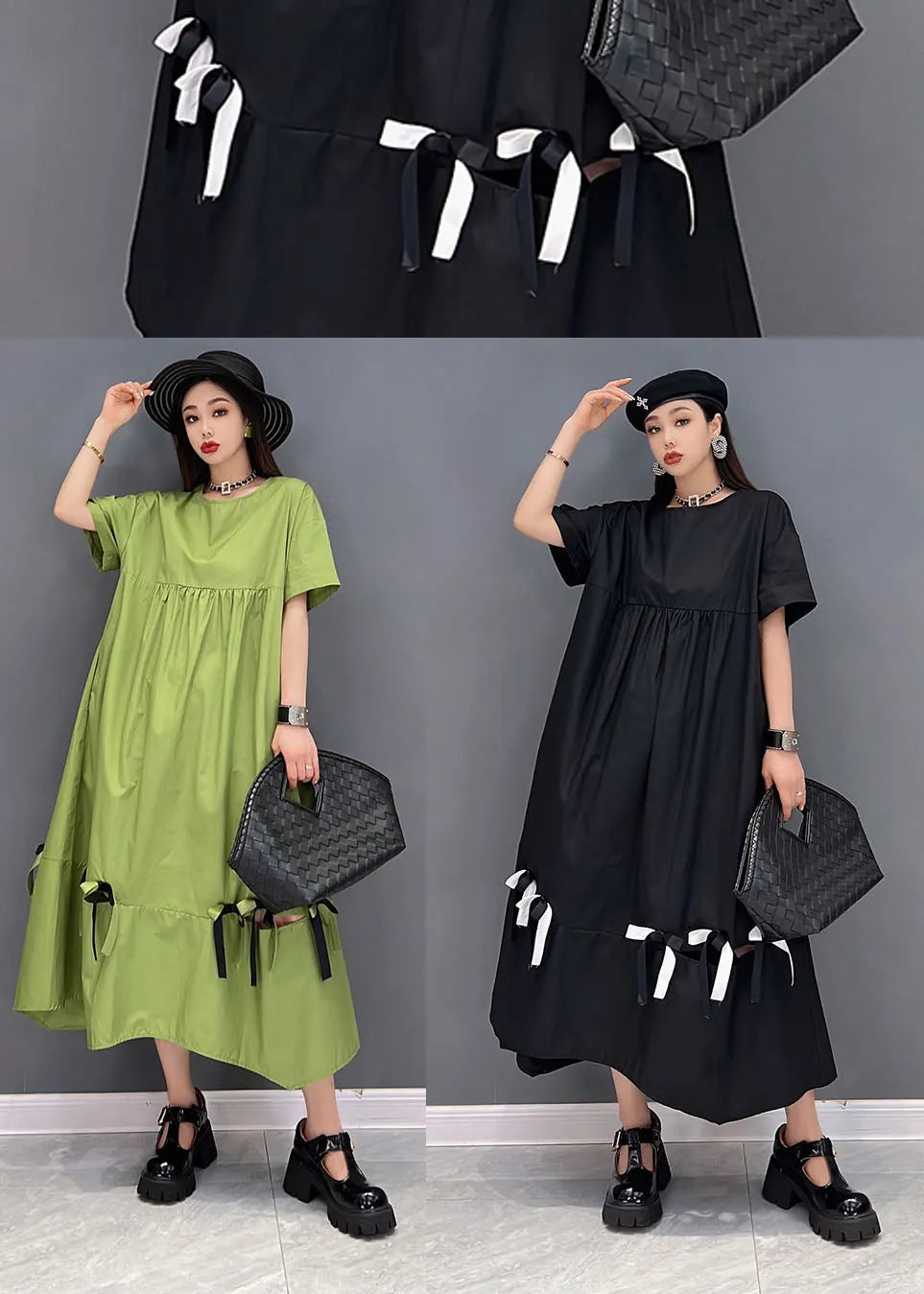 Green Patchwork Cotton Loose Dresses Ruffles Short Sleeve