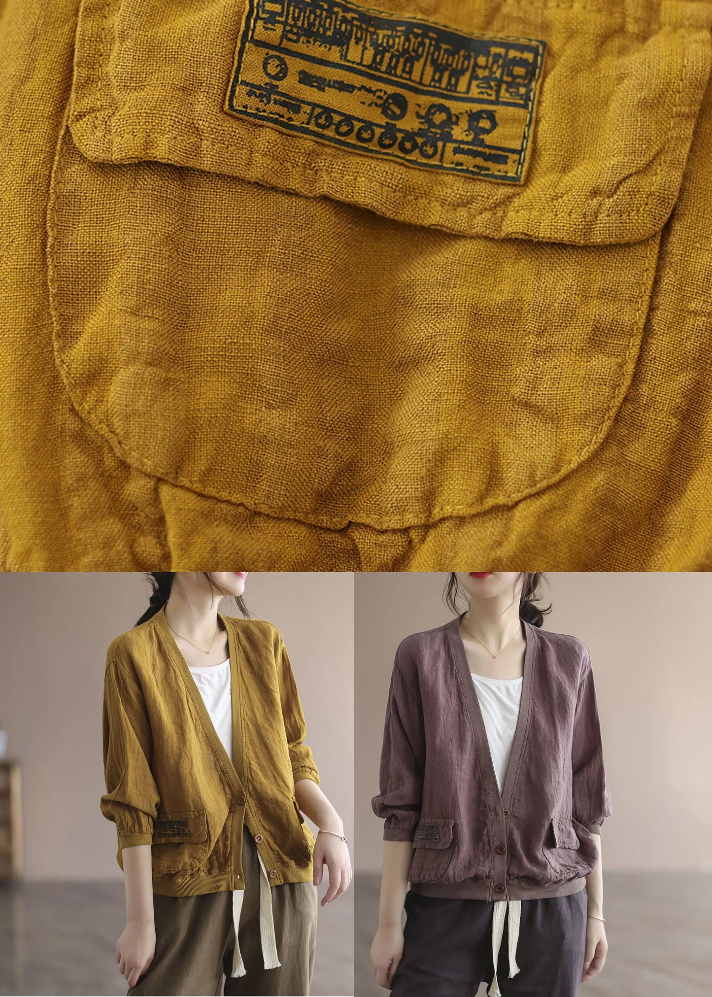 Purple Patchwork Pockets Linen Loose Coats V Neck Spring