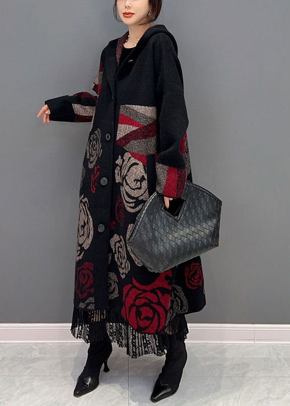 Black Hooded Rose Print Loose Knit Cardigans Spring
