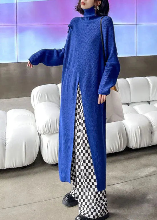 Blue Asymmetrical Design Turtle Neck Knit Holiday Dress Spring