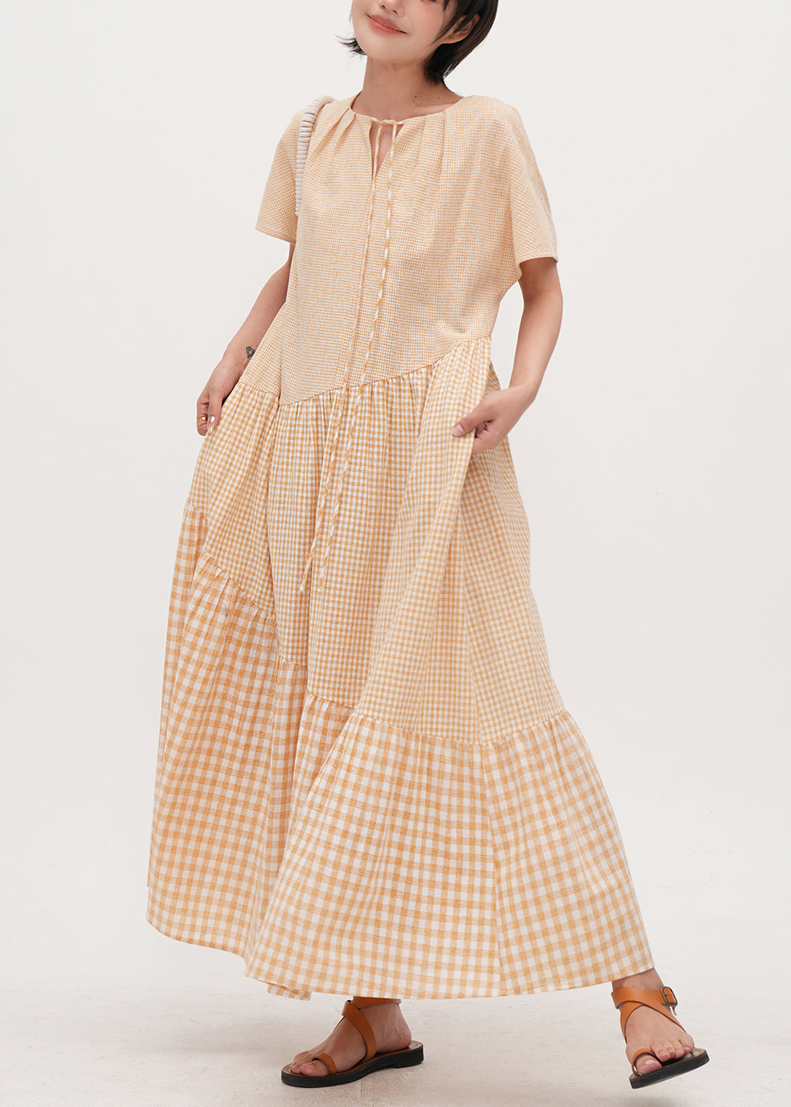 Beige Oversized Patchwork Plaid Cotton Dresses Summer