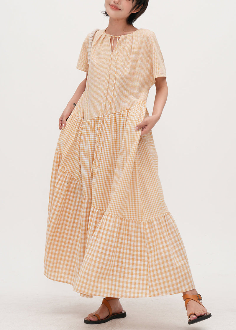 Beige Oversized Patchwork Plaid Cotton Dresses Summer