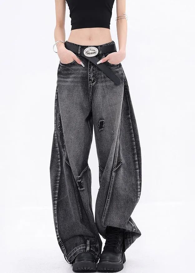 Stylish Black Pockets Patchwork Denim Ripped Pants Fall