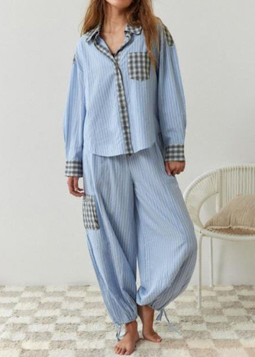 Coffee Plaid Patchwork Cotton Pajamas Two Piece Suit Set Spring