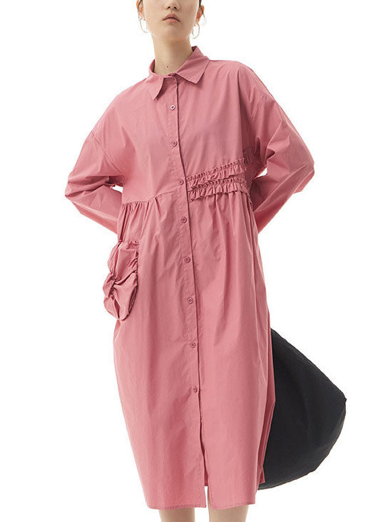 Pink Ruffled Patchwork Cotton Shirts Dresses Spring