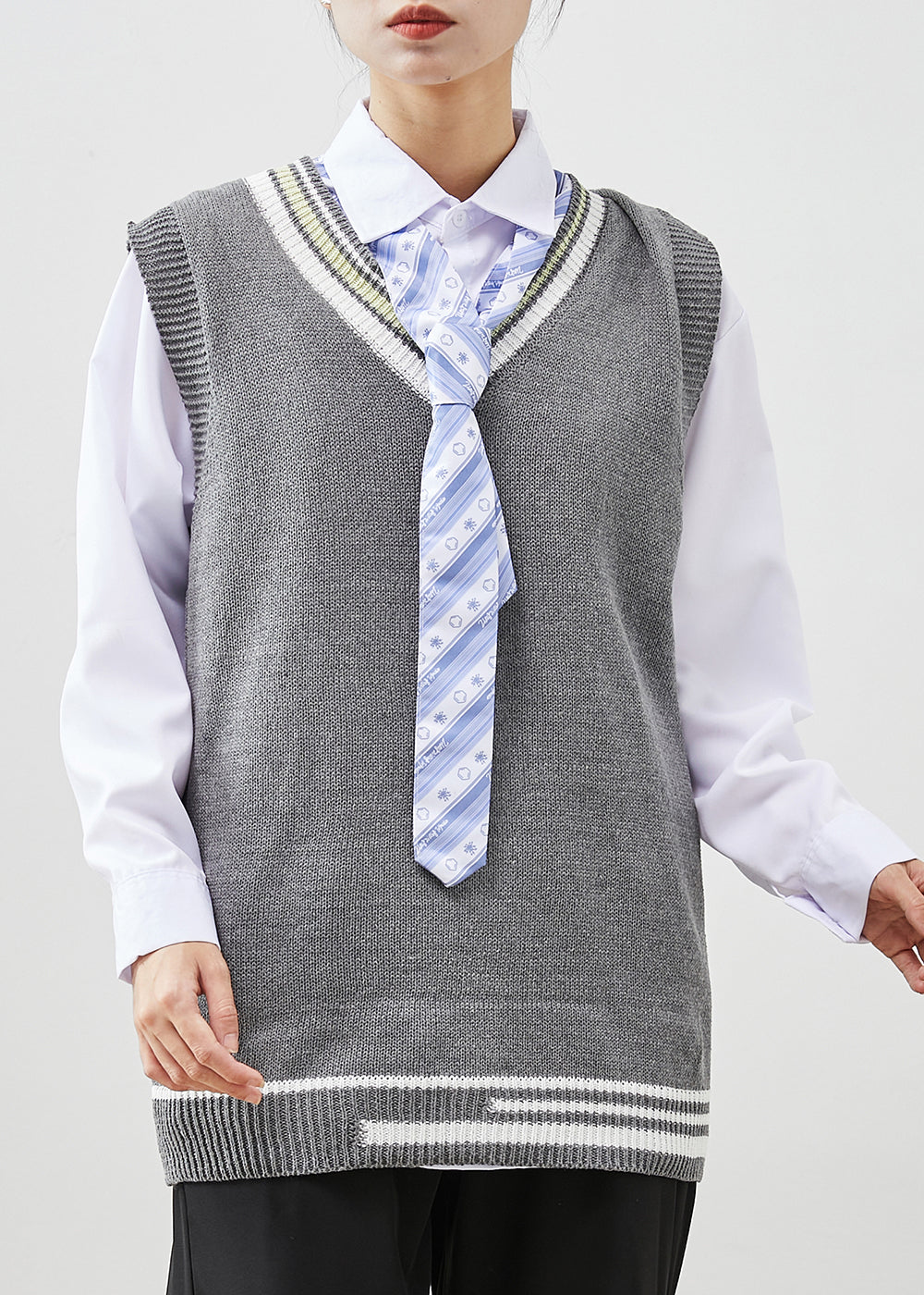 Diy Grey V Neck Knit Vest and Shirt Three Pieces Set Spring