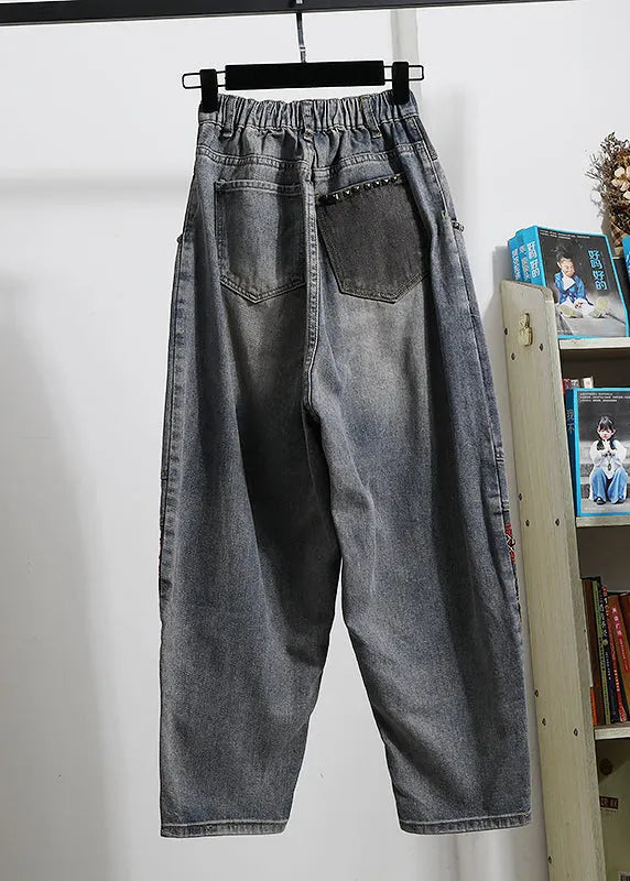 Italian Blue Embroidered Pockets Patchwork Denim Pants Spring