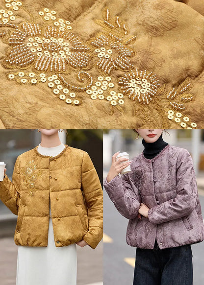 Style Yellow Sequins Embroidered Fine Cotton Filled Witner Coats