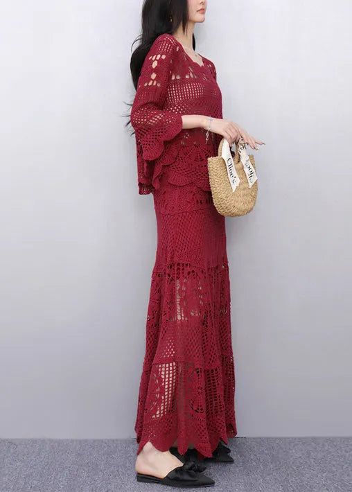 Style Red Hollow Out Knit Two Pieces Set Flare Sleeve