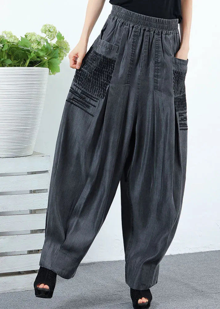 Classy Black Grey Pockets Wrinkled Denim Pants Spring