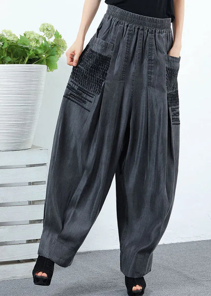 Classy Black Grey Pockets Wrinkled Denim Pants Spring