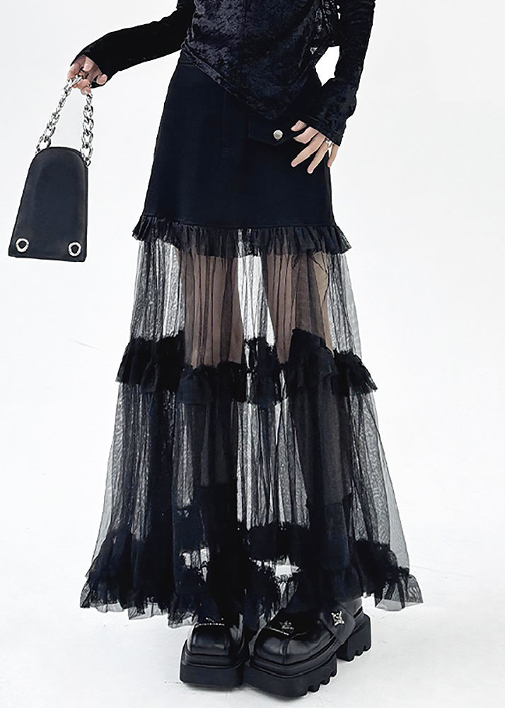 Art Black Ruffled Tulle Patchwork Skirt Summer