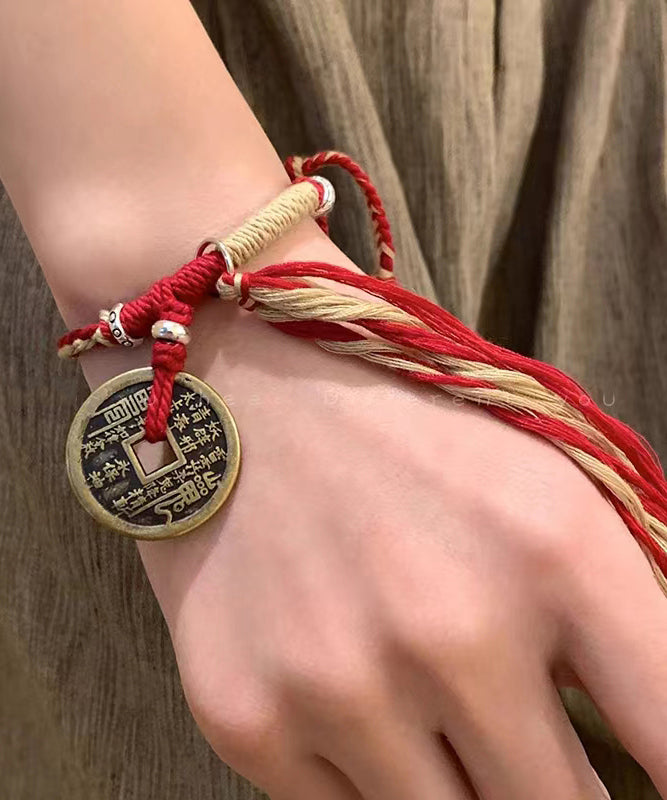 Red Hand Knitting Copper Cash Chain Bracelet