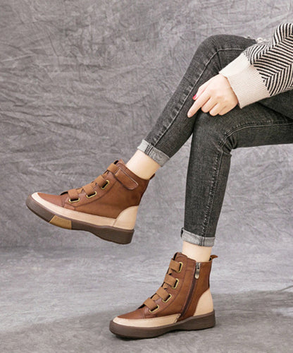Brown Lace Up Platform Boots Splicing Cowhide Leather Ankle Boots