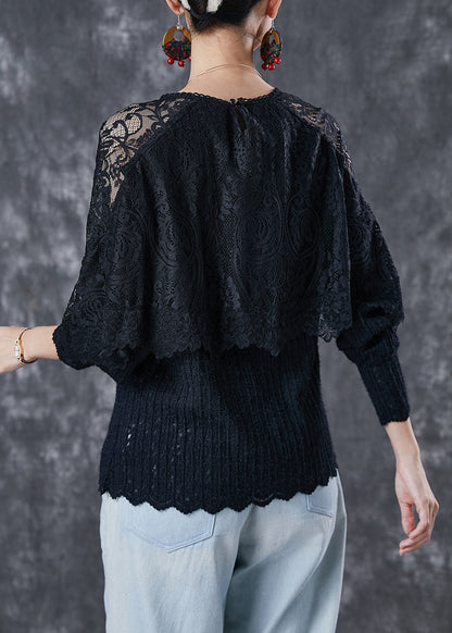 Black Hollow Out Patchwork Lace Tops Spring