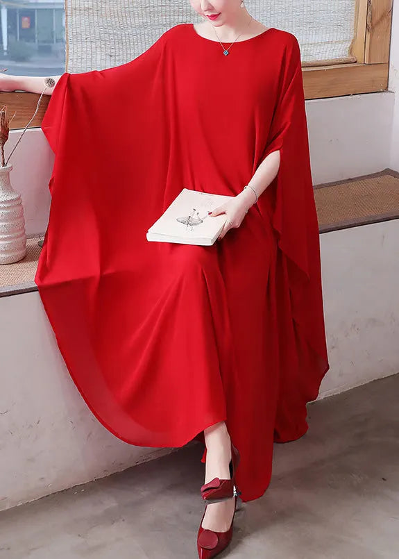 Red O-neck Chiffon Maxi Dress and Wide Leg Pants Two Pieces Set Long Sleeve